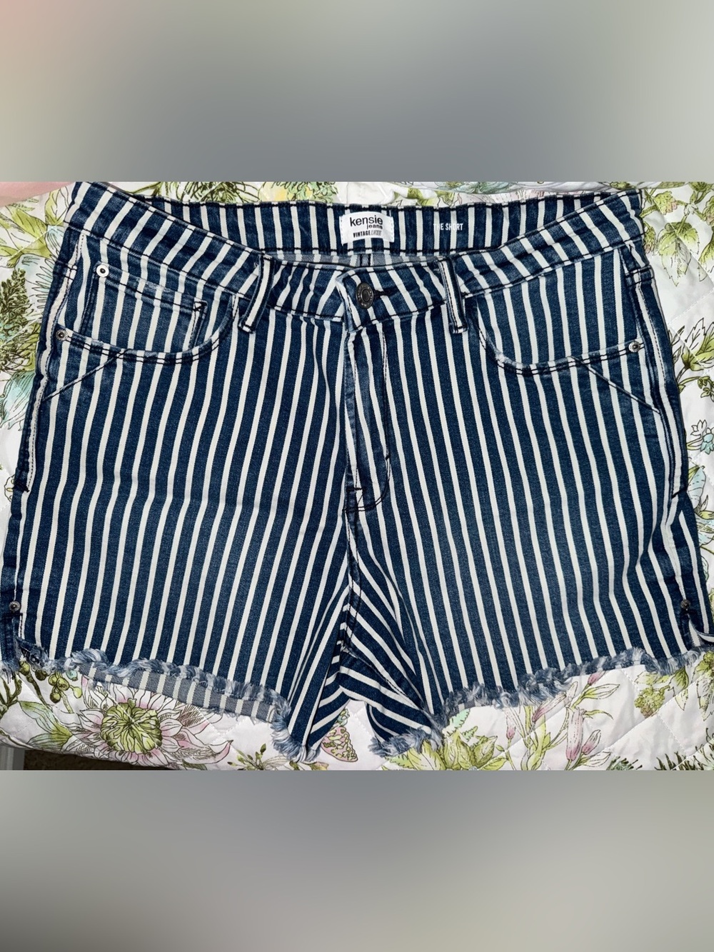 Kensie The Short Navy & White Vertical Stripe Denim Shorts